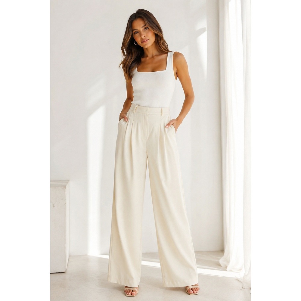 French Connection Cream Wide Leg Pleated High Waist Trousers XS New